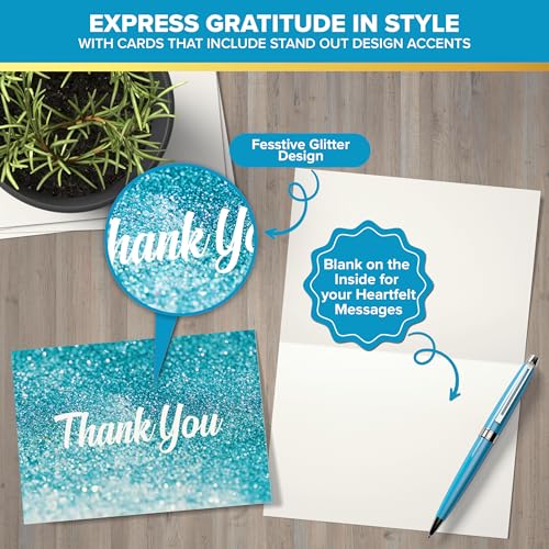 Decorably 24 Pack Glittery 6x4in Light Blue Thank You Cards with Envelopes - style: Light Blue