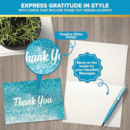 Decorably 24 Pack Glittery 6x4in Light Blue Thank You Cards with Envelopes - style: Light Blue