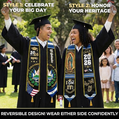 Graduation Stole Class of 2026 Reversible Sash with Gold Glitter Trim and Tassels V-Neck 72 Inch Satin - color: El Salvador & America