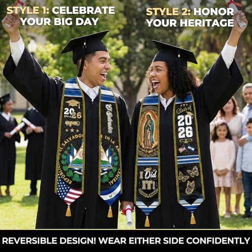 Graduation Stole Class of 2026 Reversible Sash with Gold Glitter Trim and Tassels V-Neck 72 Inch Satin - color: El Salvador & America