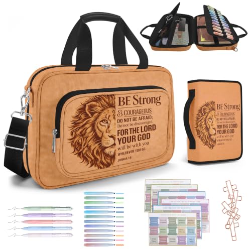 Brown Lion Large Bible Cover Case for Men, Bible Bag Carrying Case with Strap & Handle Zipper Pocket, Bible Study Supplies Journaling Kit with Pens Highlighters Tabs Christian Gift - color: Lion