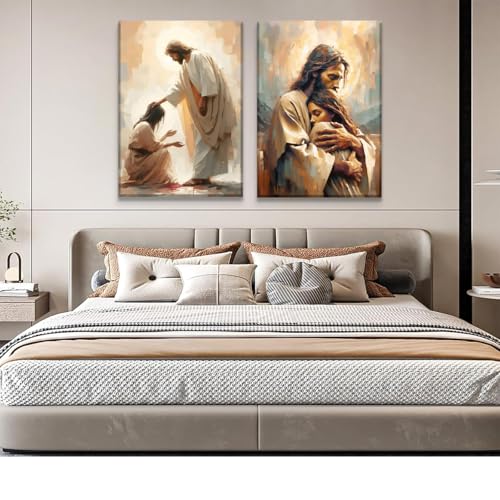 2Pcs Christian Wall Art Jesus Hug Woman Wall Decor Safe Haven Poster Canvas Print Christian Spiritual Painting Bible Art Picture Jesus and Girl Mural for Living Room Bedroom Office 12x16in Canvas - size: 12L" x16W"