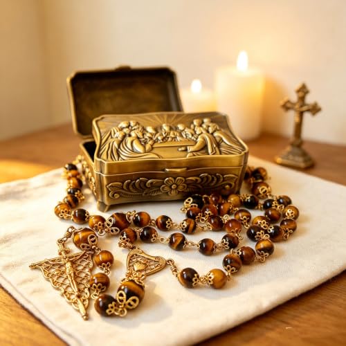 Handmade vintge copper 5 decade rosary with case Natural Tiger Eye Stone Beads Necklace Perfect Catholic gifts for Men and Women Catholic