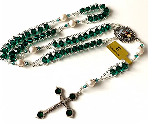elegantmedical Ladder to Heaven Green Crystal & AAA10MM Pearl Beads Catholic Rosary Cross crucifix Necklace gift