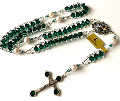 elegantmedical Ladder to Heaven Green Crystal & AAA10MM Pearl Beads Catholic Rosary Cross crucifix Necklace gift