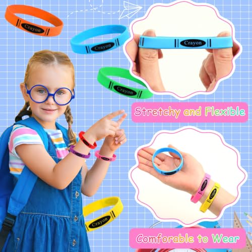 JUNEBRUSHS 42 Pcs Crayon Silicone Bracelets First Day of School Classroom Crayon Decor Welcome School Wristbands Back to School Party Favors for Students Exchange Teacher Gifts - style: Crayon Style