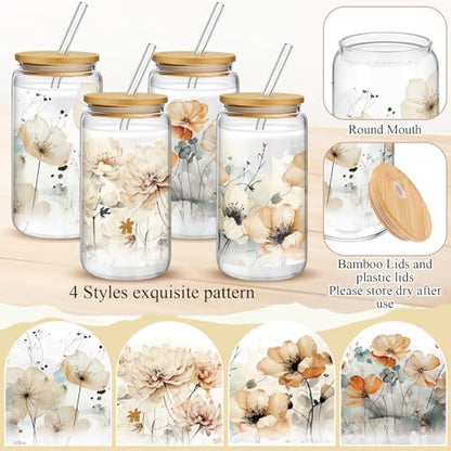 Mumufy 4 Pack Chinoiserie Flower Glass Cup 16oz Tumbler Mug with Bamboo Lid - style: Chinoiserie Flower