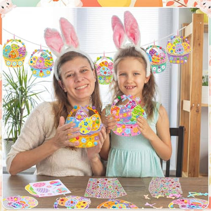 Funrous 48 Sets Crafts Kit Paper Crafts DIY Make Your Own Hanging Ornaments with Pompoms Diamond Stickers for Holiday Classroom Activities Party Favors, Easter Basket - style: Easter Basket