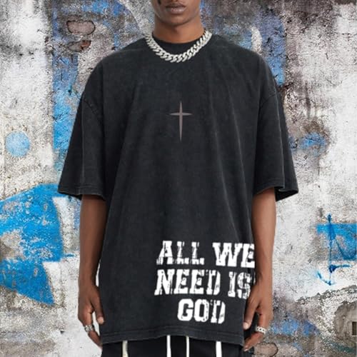 Wrenpies Christian Shirts for Men Inspirational God Faith Jesus Tshirts Oversized Vintage Cross Graphic Tees Acid Wash Tops - color: Black, size: Medium