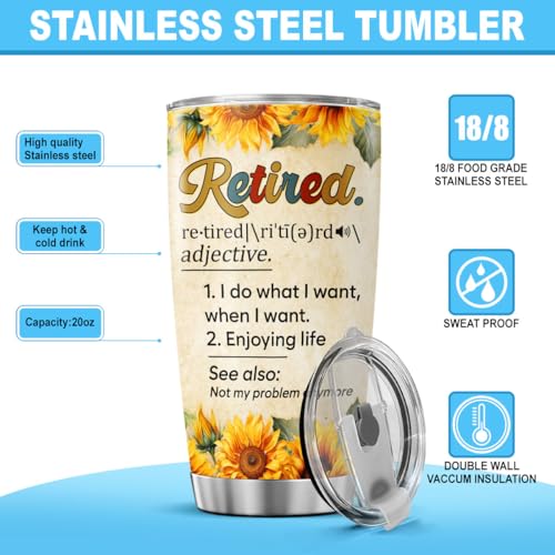 Retirement Gift Tumbler for Women Men, Funny Definition Print Stainless Steel Travel Cup, 20oz Insulated Coffee Mug, Sunflower Design, Ideal for Retiree Birthday Celebration - color: Retirement Life P5