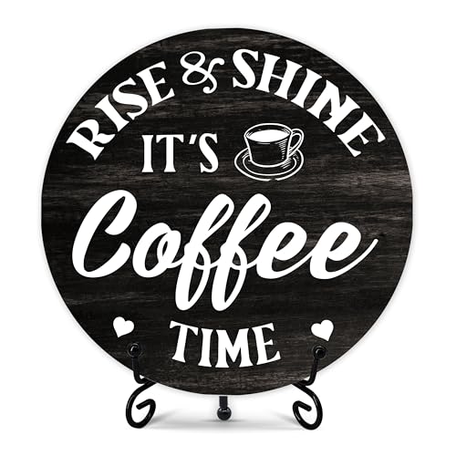 Coffee Themed Decorative Sign, Round Wooden Plaque, 6 Inches, It's Rise & Shine Coffee Time - color: Rise & Shine It‘s Coffee Time