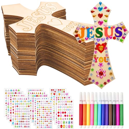 PLUVAVA 36 Sets Wood Cross Crafts DIY Wooden Cross for Christian Jesus Sunday School Vacation Bible School Crafts Supplies with 14 Pieces Stickers and 24 Pieces Watercolor Pens (Exquisite Style) - size: ExquisiteStyle