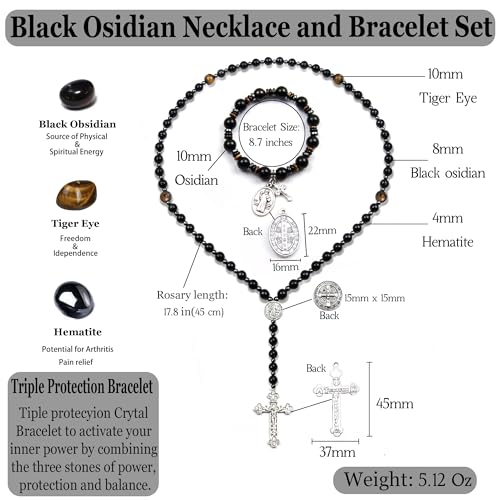 Rosary for Men Women, Natural Stone Beads with St. Benedict Bracelet - color: Obsidian