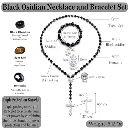 Rosary for Men Women, Natural Stone Beads with St. Benedict Bracelet - color: Obsidian