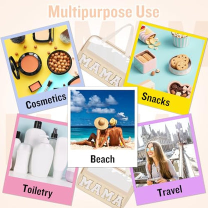 Preppy Clear Mama Makeup Bags with Chenille Letter Patches, Travel Essentials Large Clear Make up Bag Zipper Pouch with Handle, Waterproof Nylon Cosmetic Toiletry Storage Tote for Women (MAMA-Beige) - color: MAMA-Beige