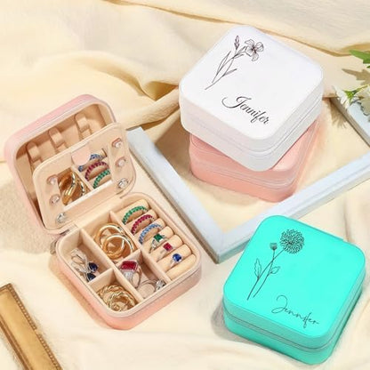 Ships Next Day, Personalized Travel Jewelry Mirror Case with Name Birth Flower, Bridesmaid Proposal Gifts Box Custom Birthday Gifts for Women, Christmas Customized Gifts for Teenage Girls - color: Birth and Flower Box-Turquoise