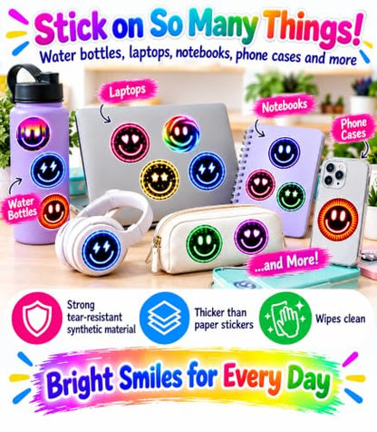 50 Neon Smiley Face Stickers, 2 Inch Waterproof Pack for Water Bottles - color: Neon