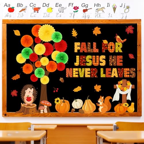 Gersoniel 81 Pcs Fall for Jesus He Never Leaves Bulletin Board Set Thanksgiving Tree Bulletin Board Decorations for Classroom 3D DIY Paper Fans Religious Cross Wall Decor Thanksgiving Hedgehog Cutouts - style: Fall