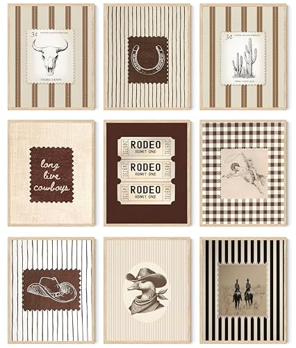 Vintage Western Posters Wall Art Set of 9 Retro Striped Cowboy Rodeo Stamp - color: west