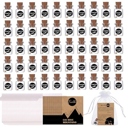 50 Pack Christian Faith Favors Bulk, Mini Glass Bottle Keepsakes with Matthew 17:20 Cards & Organza Bags, "Move Mountains" Religious Inspirational Gifts for Church, Baptism, Sunday School(Kraft-Round-50Pcs) - color: Kraft-Round-50Pcs