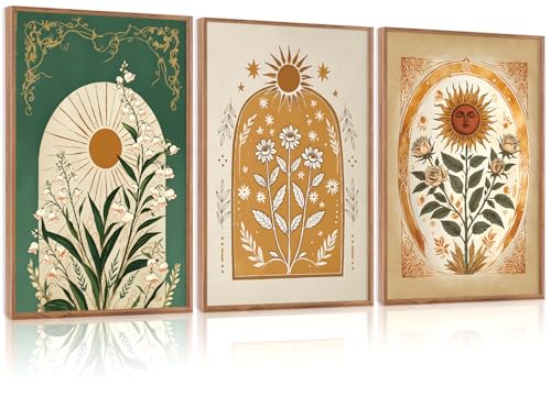 CHDITB Bohemian Sun Floral Framed Canvas Wall Art Set, Mystical Nature Wall Decor, Celestial Sun Art Prints, Vintage India Posters for Wall Modern Art Sunroom Living Room Office Art Prints 24"x36"x3 - color: Boho Flower, size: 24"L x 36"W