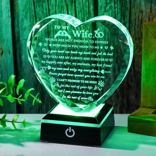 Arikyrist Romantic Wife Gift from Husband with Colorful LED Base Anniversary Birthday Gifts for Wife Crystal Keepsake I Love You Gift for Her on Mothers Day Valentine Christmas - color: Wife Gifts + Light Base
