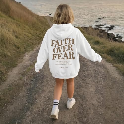 BANGELY Faith Over Fear Hoodie Girl's Christian Sweatshirt Long Sleeve Tops - color: White, size: 5-6 Years