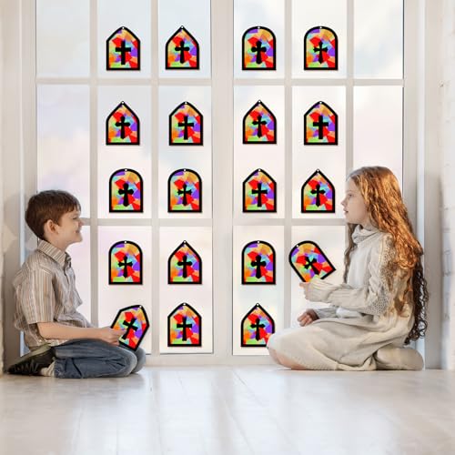 40PCS Sunday School VBS Crafts Bulk: Paper Cross Nativity Suncatchers, Jesus Religious Christian Classroom Camping Activity DIY Kits Gifts Church Decorations, Window Stained Glass Effect Art Supplies - style: cross