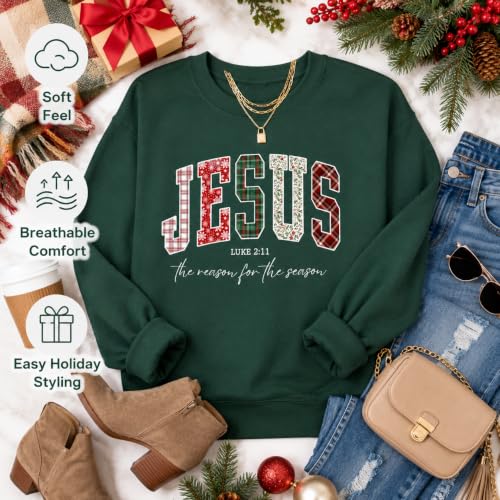 Women's Christian Christmas Sweatshirt Jesus Graphic Crewneck Holiday Top - color: Green, size: XX-Large