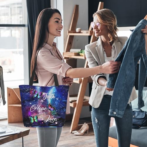 Women's Canvas Tote Bag with Zipper, Large Capacity Shoulder Bag for Work, Travel & Daily Use, Gifts for Mom - color: Faith Hope Love