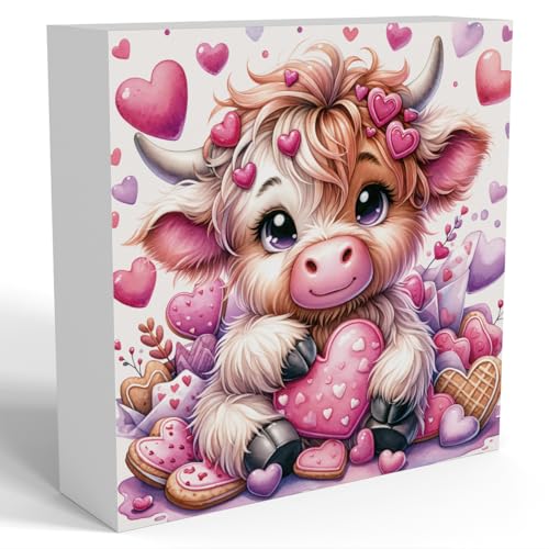 Valentines Decor, Valentines Day Decorations, Highland Cow Valentine's Gifts for Boyfriend Girlfriend, Pink Valentine's Table Decor Highland Cow Decoration Gifts, Office Wooden Decor Signs - color: Valentines Highland Cow-1