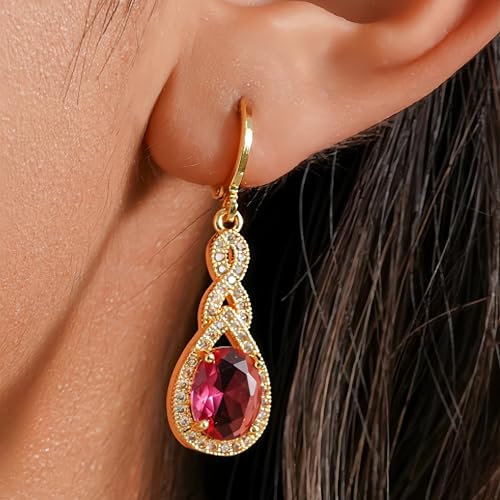 18K Gold Plated, Dangle Earrings for Women, Flower/Heart Drop earrings, Hypoallergenic Cubic Zirconia Earrings, Lightweight, Party, gold earrings, Jewelry for Gifts, Fashion - style: 0470-Red