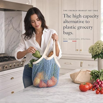 PILLOWPIA French Market Bag – Organic Cotton Tote, Handcrafted Adjustable Strap, Eco-Friendly 12-15" Farmers Market Carrier - color: Iron
