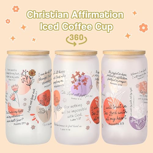 Christian Mugs for Women, 16oz Inspirational Bible Verse Glass Tumbler with Straw and Lid, Christian Coffee Cups, Religious Birthday Gift (Frosted Glass) - color: Bible Verse-2