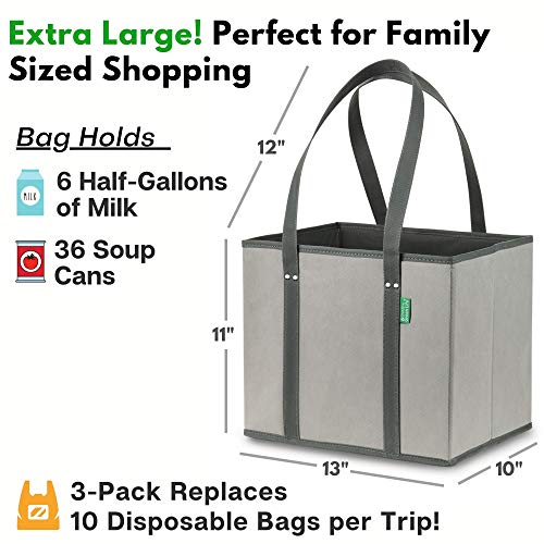Reusable Grocery Bags (3 Pack) – Heavy Duty Shopping Bags, Gray - color: Gray