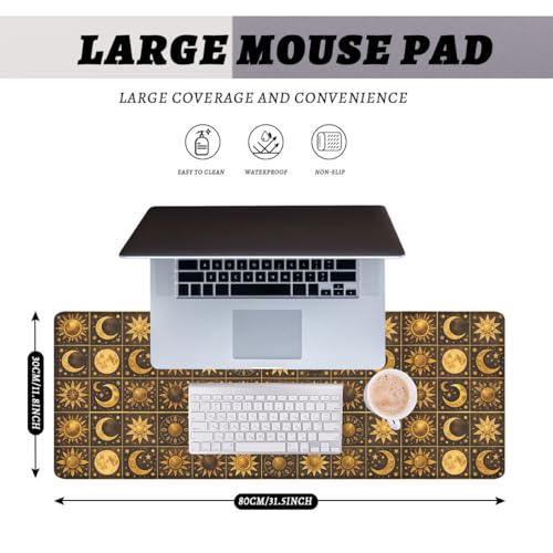 Boho Celestial Gaming Mouse Pad Sun Moon Star Vintage Astrology Mousepad Extended Large Laptop Keyboard Non-Slip Rubber Base with Stitched Edges 31.5x11.8 Inch - color: Boho Celestial, size: 31.5" x 11.8"