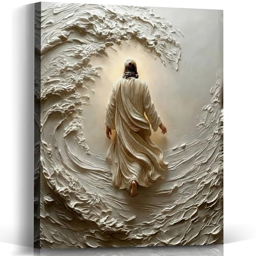 Voxitura Christian Jesus Walking on Water Wall Art Canvas, Vintage Scripture Lord Wall Decor Gift for Living Prayer Room, Rustic Paintings Pictures Prints Framed for Home 12x15in