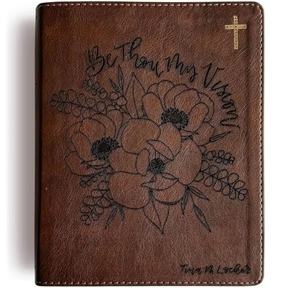 JOY CREATIVE NIV Journaling Bible | Brown With Gold Cross | Be Thou My Vision With Flowers | Includes Option to add Engraved Name | Personalized and Customizable Gift