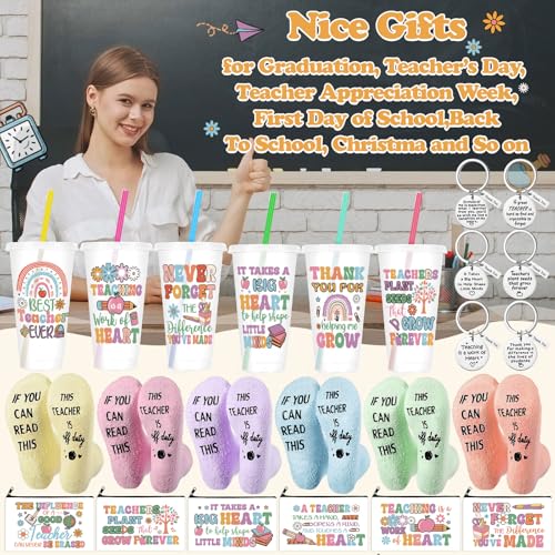 Funnymoom 24 Pcs Back to School Teacher Appreciation Gift from Students 2026 Thank You Gifts Bulk Pastel 24 oz Inspirational Plastic Tumbler Cup Makeup Cosmetic Bag Crew Sock Keychain for Retirement - style: Bright Teacher