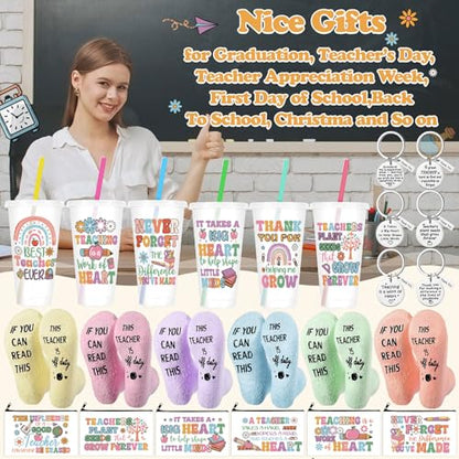 Funnymoom 24 Pcs Back to School Teacher Appreciation Gift from Students 2026 Thank You Gifts Bulk Pastel 24 oz Inspirational Plastic Tumbler Cup Makeup Cosmetic Bag Crew Sock Keychain for Retirement - style: Bright Teacher