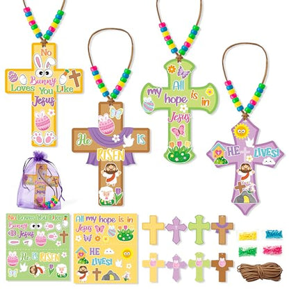 BeYumi Easter Cross Necklace Craft - 28Pcs Easter Religious Cross Necklace Craft Kit for Kids DIY He is Risen Sticker and Beads Christian Decor Sunday School Classroom Party Activities - style: Easter
