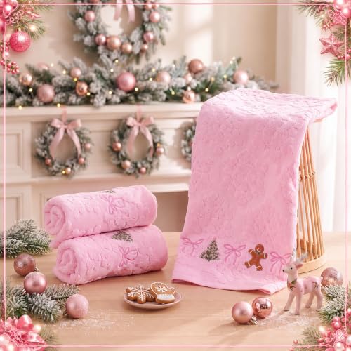 3 Pcs Pink Christmas Hand Towels for Bathroom 3D Bow, Pink, Snowflakes - color: Pink, size: Snowflakes