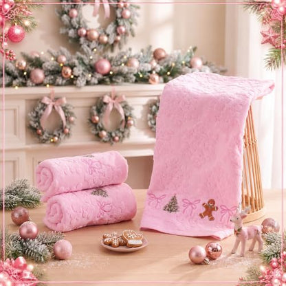 3 Pcs Pink Christmas Hand Towels for Bathroom 3D Bow, Pink, Snowflakes - color: Pink, size: Snowflakes