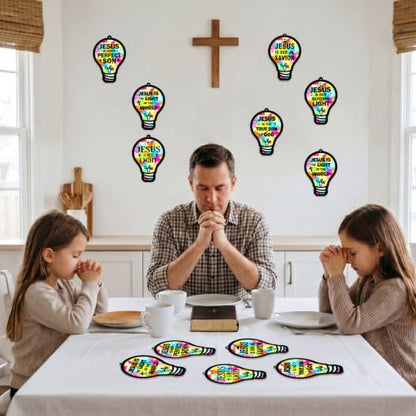 48PCS Sunday School VBS Crafts Bulk: Paper Lightbulb Cross Nativity Suncatchers, Religious Christian Activity DIY Kits Church Decorations, Window Stained Glass Effect Art Supplies(Jesus Style) - style: colorful bulb cross