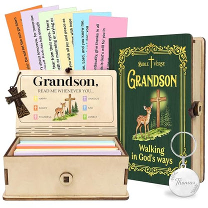 Personalized Bible Verse Box for Grandson with Prayer Cross, 150 Color-Coded Scripture Cards, Custom Name with Keychain, Christian Graduation Gift, Faith Encouragement Keepsake - color: Grandson