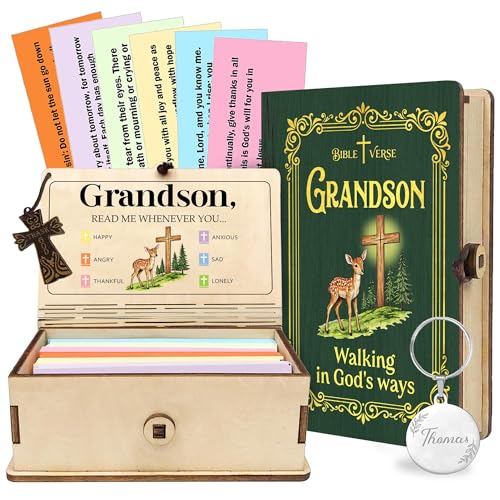 Personalized Bible Verse Box for Grandson with Prayer Cross, 150 Color-Coded Scripture Cards, Custom Name with Keychain, Christian Graduation Gift, Faith Encouragement Keepsake - color: Grandson