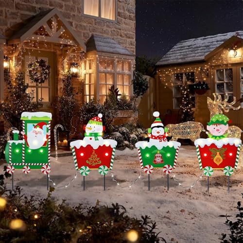Afirst 4PCS Christmas Yard Stakes Light Up Train Garden Decorations - color: Train