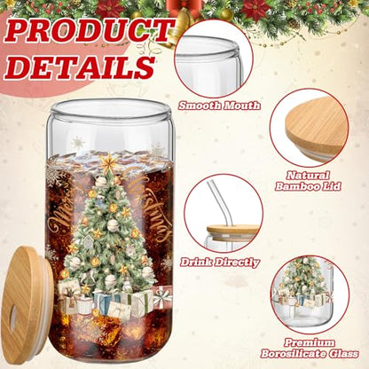 Teenyyou 12 Set of Christmas Glasses with Bamboo Lid and Glass Straw 16 oz Christmas Drinking Cup Beer Iced Coffee Cup Xmas Tumbler Mugs for Women Men Holiday Party Office Gifts - style: Christmas