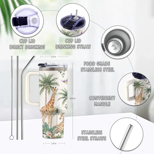 Giraffe 40 oz Tumbler, with Handle & Straw, Insulated Coffee Cup - color: Giraffe