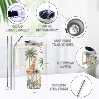 Giraffe 40 oz Tumbler, with Handle & Straw, Insulated Coffee Cup - color: Giraffe